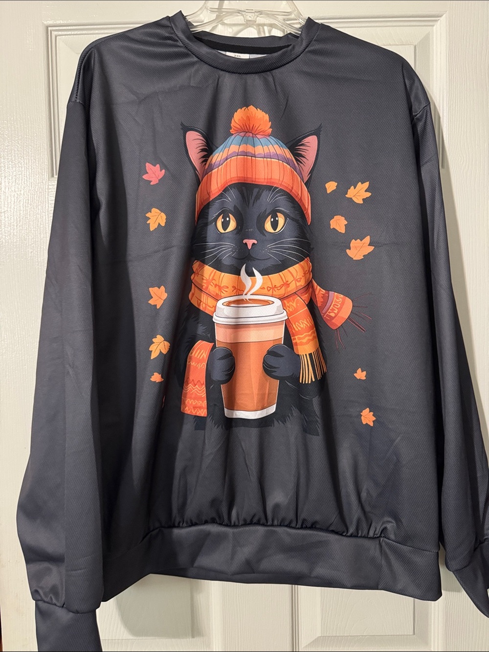 Ladies 2XL Gray Pullover with Cat Graphic and Orange Accents